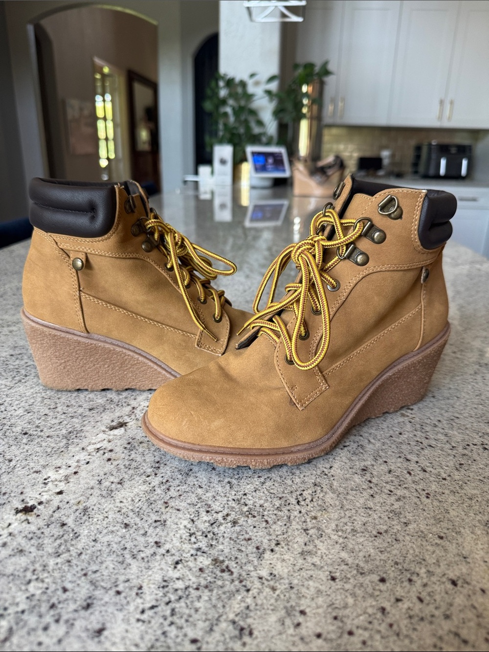 UNIONBAY Tan Lace-Up Wedge Ankle Boots